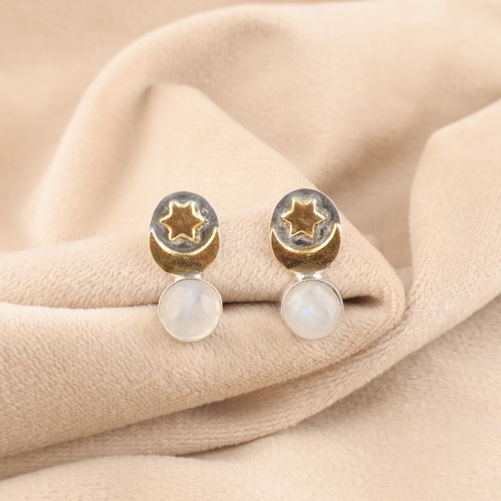 Rainbow Moonstone Gemstone 925 Sterling Silver Jewelry Handmade Earrings 0.8" EE-141-21