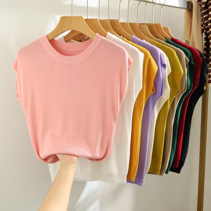 Summer Round Neck Knitted Casual Women's T-shirt Elegant Loose Ice Silk Thin Fit Solid Color Short Sleeve Tee Tops Ladies Simple Fashion T Shirt 3097