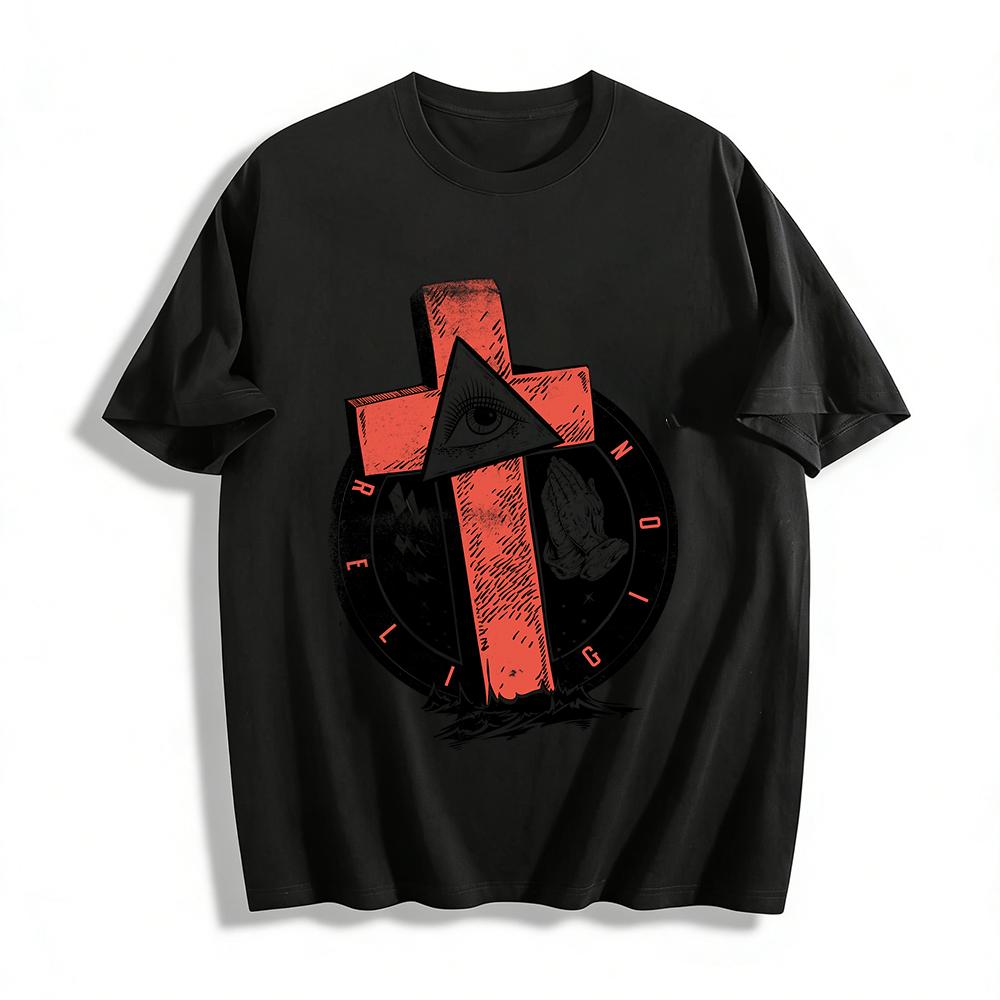 

Vintage Religious Symbol Print T-Shirt All-Seeing Eye Cross Praying Hands Tee Pure cotton T-shirt XXS