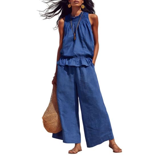 2Pcs/Set Summer Women’s Outfit Western-style Vintage Bohemian Ruffled Cotton-linen Suit Fashion Loose Outfit M синий