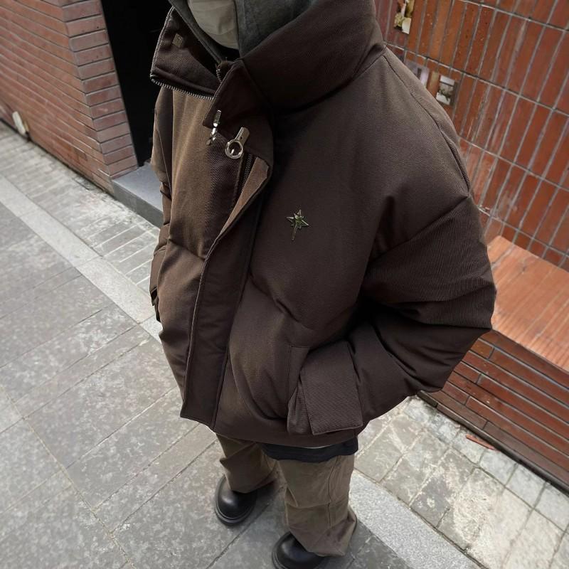 New Step American Fleece Stand Collar Brown Puffer Coat Men Loose Winter