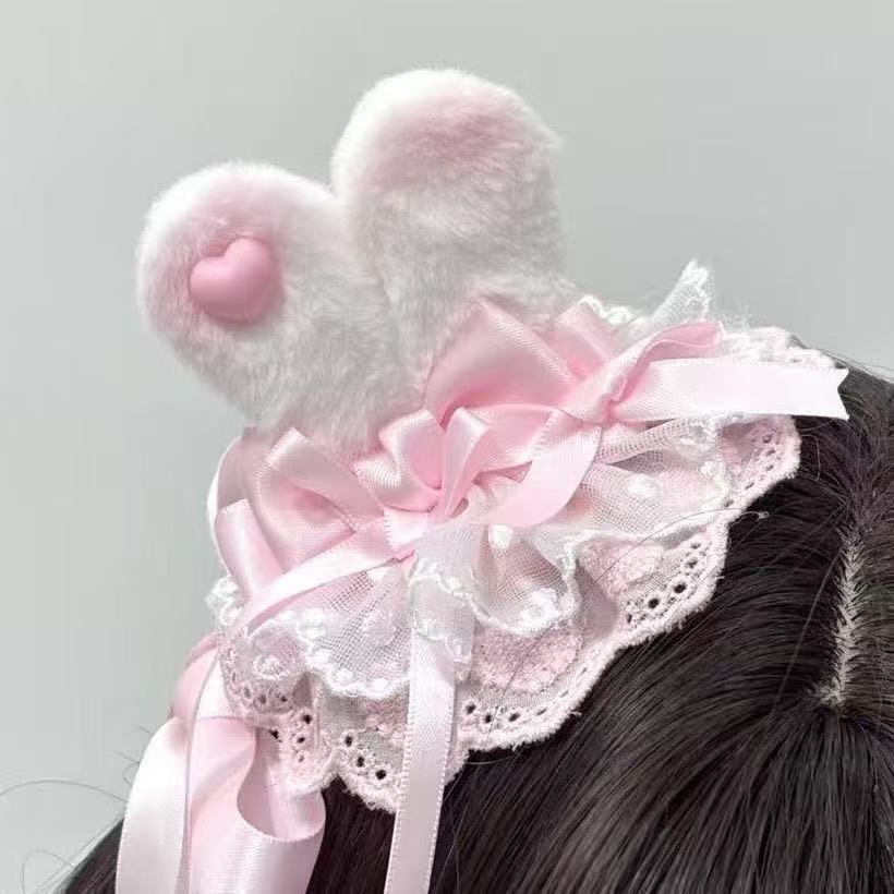 Cute bow, sweet girl, rabbit ear hair clip, soft girl princess , delicate hair accessory, pink lace fashion hair accessory