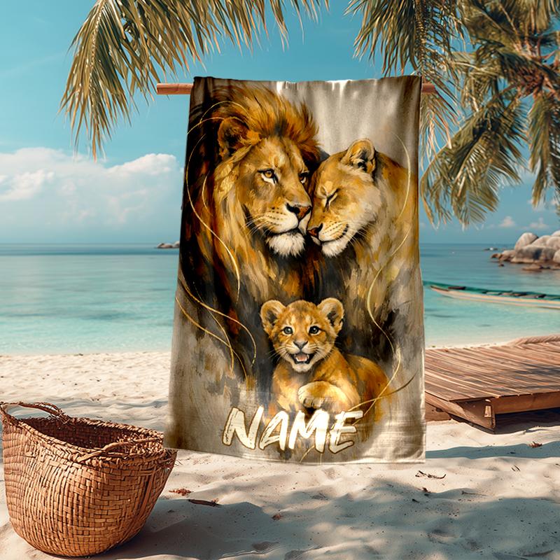 Custom Name Ultra-Soft Beach Towel with Lion Theme,Ideal for Pool - Camping, Diving - Perfect Travel Essential, Vibrant Beach Towel.
