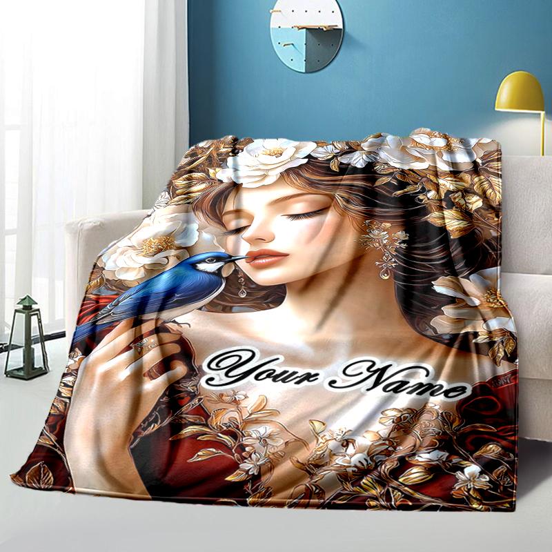 1PC Custom Name Floral Fantasy Bird Flannel Blanket Versatile,all-season Throw Suitable for the Living Room,bedroom,camping,travel,and Gift
