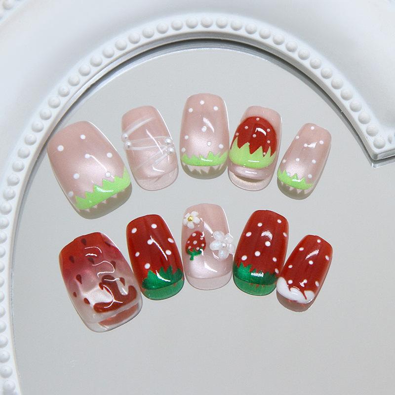 24 Pieces three-dimensional cat's eye gradual change cute strawberry polka dot pearl playful girl style removable manicure 30 pieces