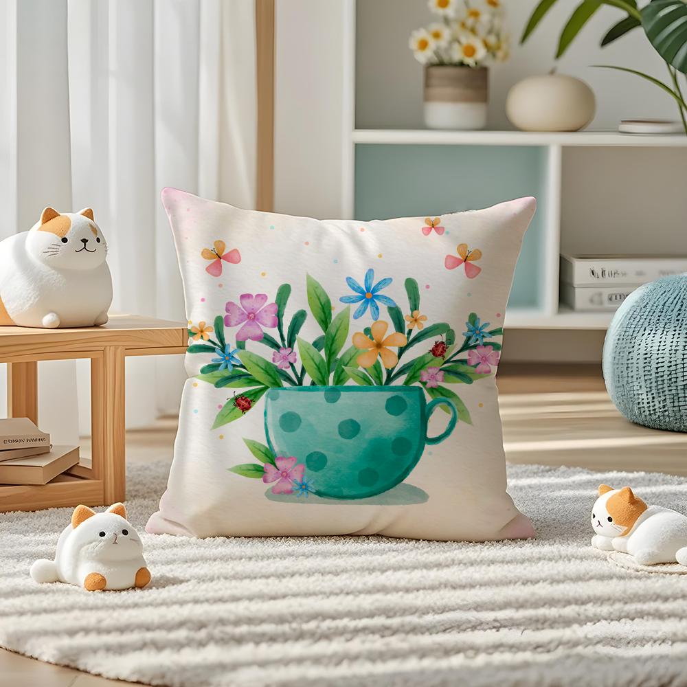 Painting Cup of Flowers Pillow Case Silky Elegant Comfort Sofa Bed Invisible Zipper