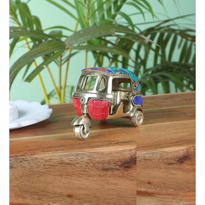 Latest Gemstone Work Vintage Style Brass Auto Rickshaw Miniature, Brass Decor Showpiece