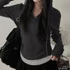 Casual Color Block Hooded Knit T-Shirt with Cinched Waist Long Sleeves