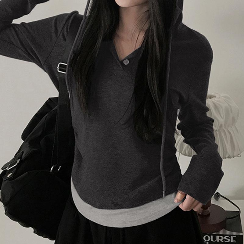 Casual Color Block Hooded Knit T-Shirt with Cinched Waist Long Sleeves