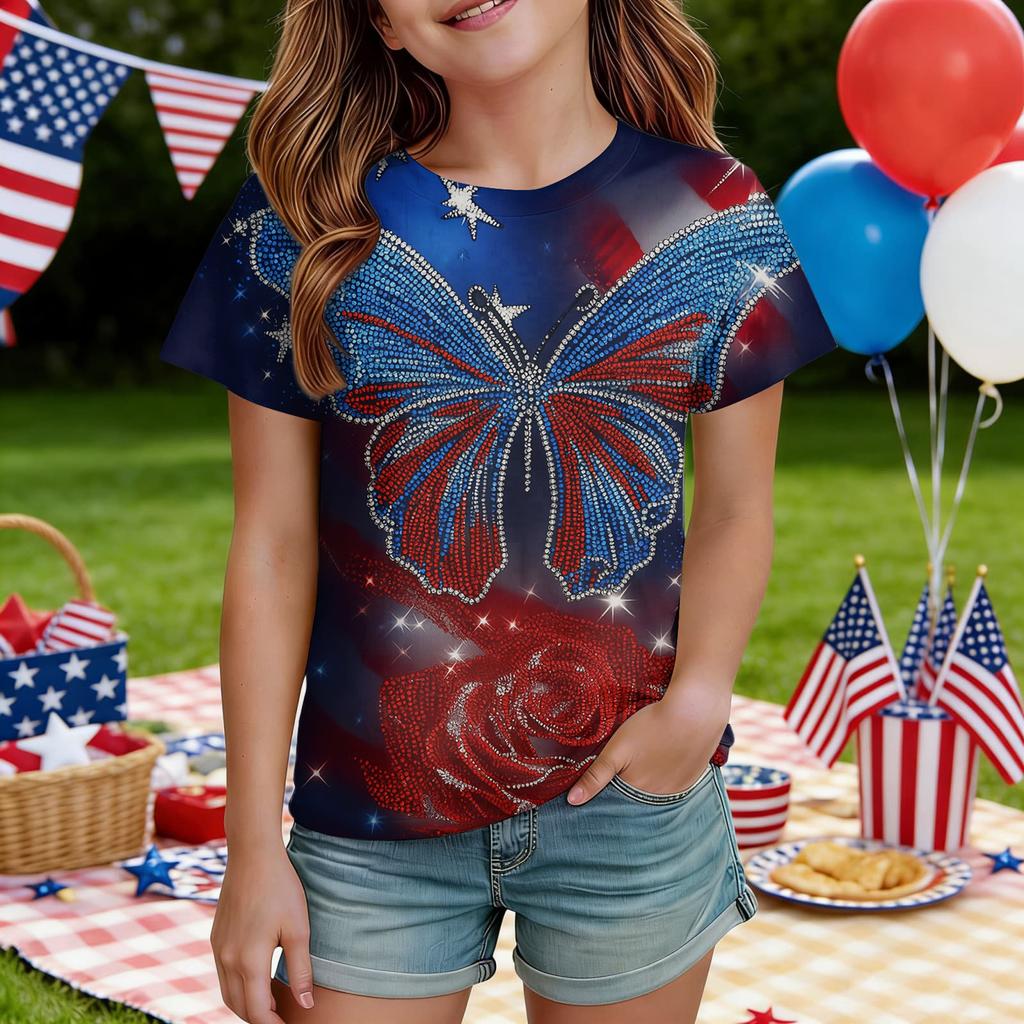 Kids Independence Day Print Round Neck Short Sleeve Casual T-shirt