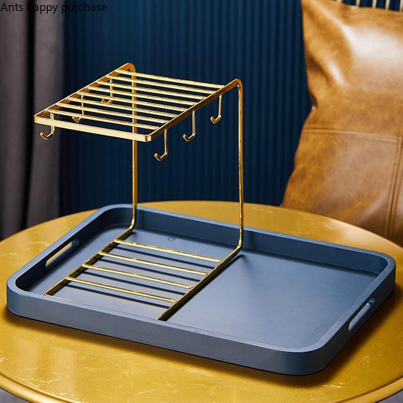 Cup Storage Rack Shelf Metal Cup Holder Double Layer Drain Rack Wooden Storage Tray Home Decorative Racks Cup Tumbler Holders