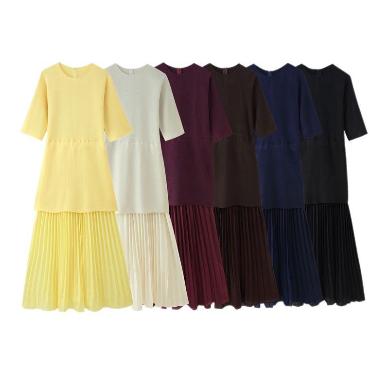 Kaslead New Women Clothes Western Style Round Neck Short Sleeve Knitted Patchwork Dress 4192001