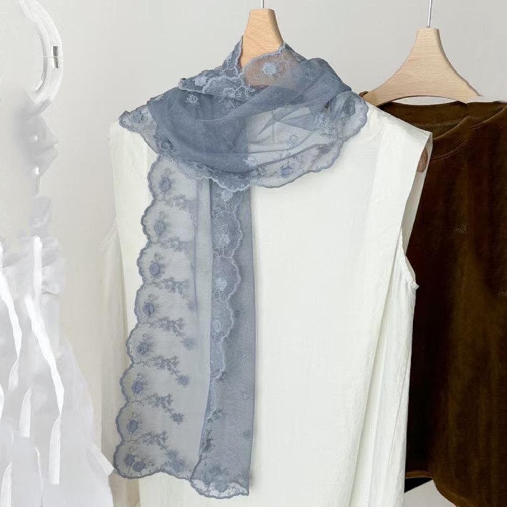 

Retro Embroidered Flower Lace Scarf Breathable Mesh Lightweight Female Headscarf Long Sunscreen Shawl Women синий