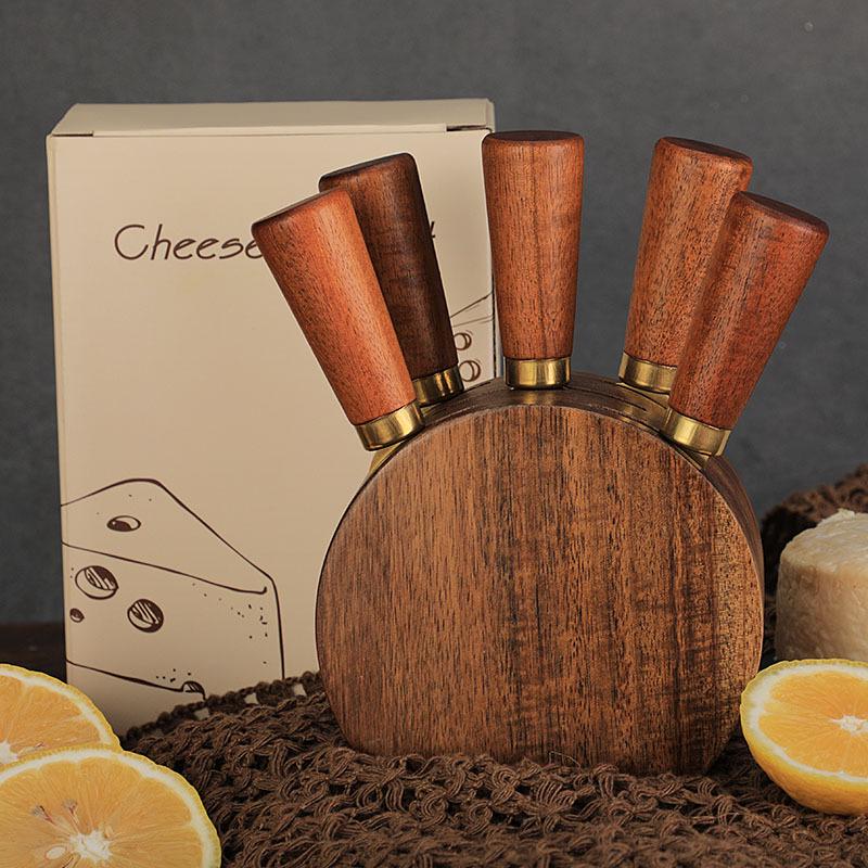 Stainless Steel & Acacia Wood Cheese Knife Set with Storage Base - 6-Piece