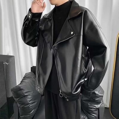 Pánská bunda z imitace kůže, motocyklový styl, jednobarevný volný střih, klopa