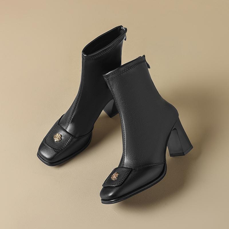 Fashion French Retro Square Toe Black Ankle Boots Women 2025 Winter Elegant High Heel Chelsea Boots Metal Decoration Designer Shoes 42