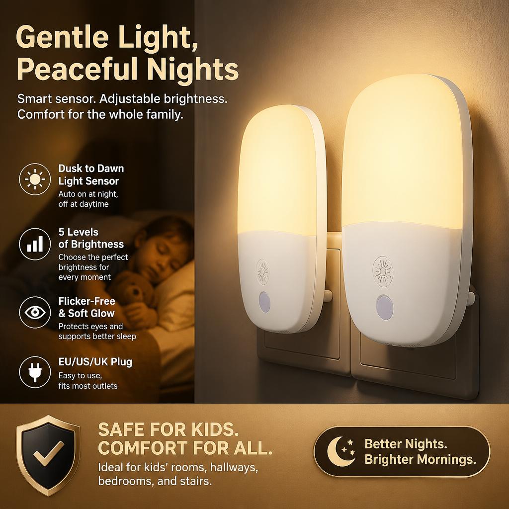 Plug in Night Light Warm White LED Nightlights with Smart Dusk to Dawn Sensor for Kids Nursery Ideal for Bedroom Bathroom