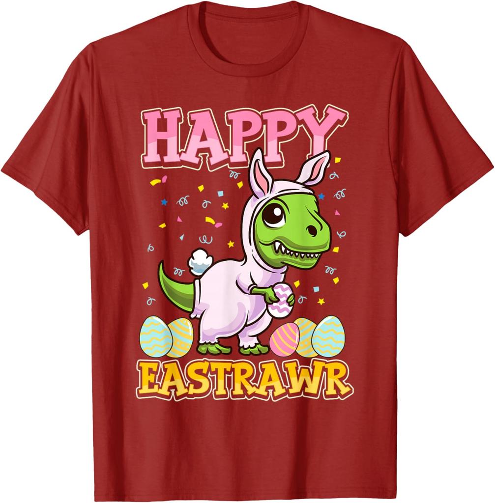 Happy Eastrawr Dinosaur Bunny Costume Graphic Tee Men's Casual Cotton Short Sleeve T-Shirt