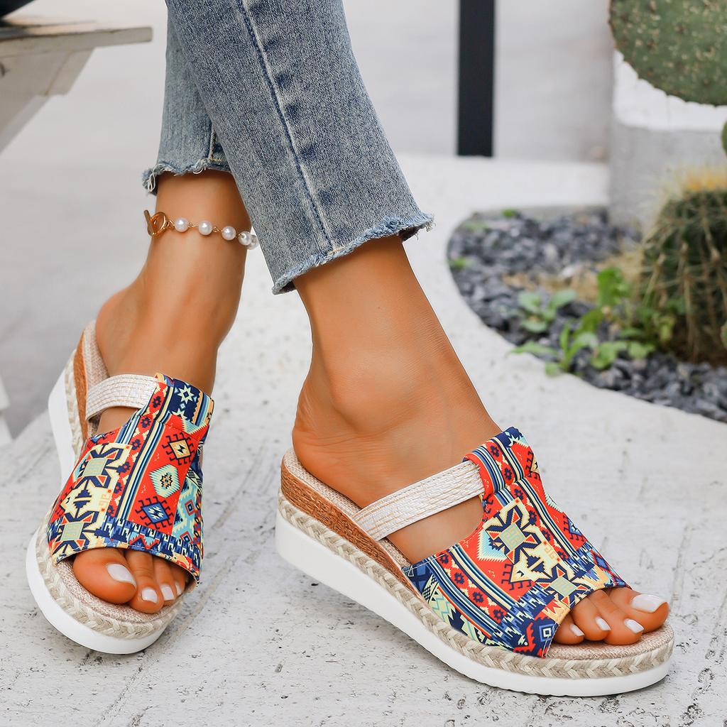 Fashion Ethnic-style Large-sized Thick-soled Women's Slippers 2025 New Style Casual and Fashionable Fish-mouth Slippers Made of Hemp