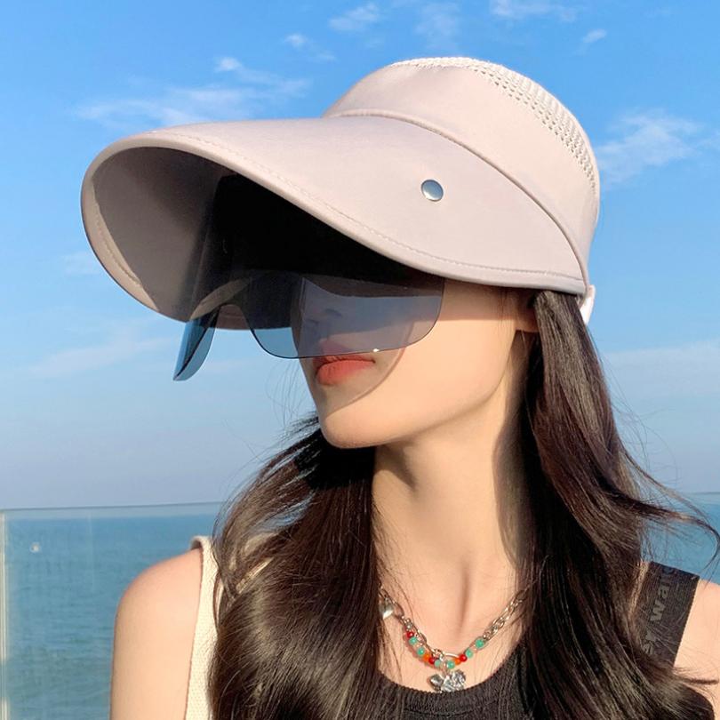 Summer Women Sun Hat with Eyeglasses 13cm Large Brim Bucket Hat Breathable Outdoor Activity Empty Top Cap Magic Tape Adjust Travel Beach Cap