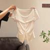 Pure Desire Style Fake Two-piece Wooden Ear Edge White Short-sleeved T-shirt Women's Summer Pleated Waist Slim-fitting Front Shoulder Top