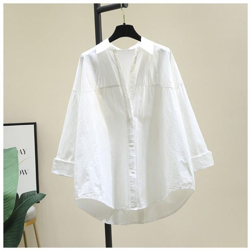Women's Light Blue Oversized Shirt Long Sleeve Button Back Curved Hem Casual Loose Fit Top