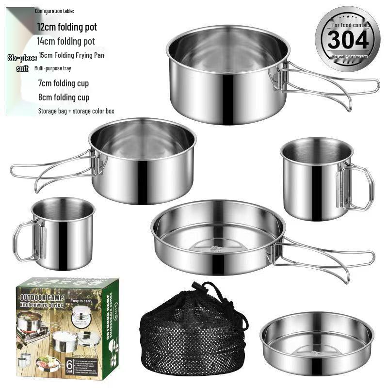 304 Stainless Steel Folding Camping Tableware Set - Durable, Portable, and Collapsible Cookware for Outdoor Adventures.