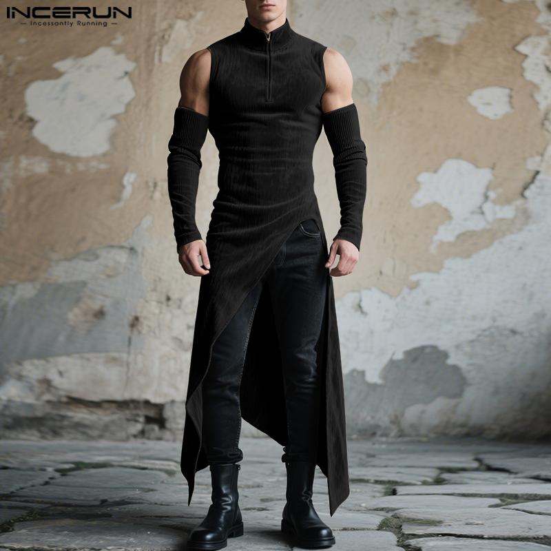 INCERUN Autumn Men Stand Neck Oversleeve High Splits Tunic Tops Pullovers