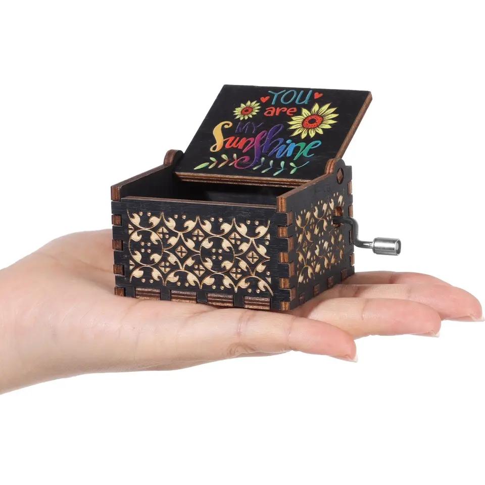 Black Wooden Music Box Hand Cranked Movement You Are My Sunshine Gifts for Children Birthday Present  Home Office Decoration