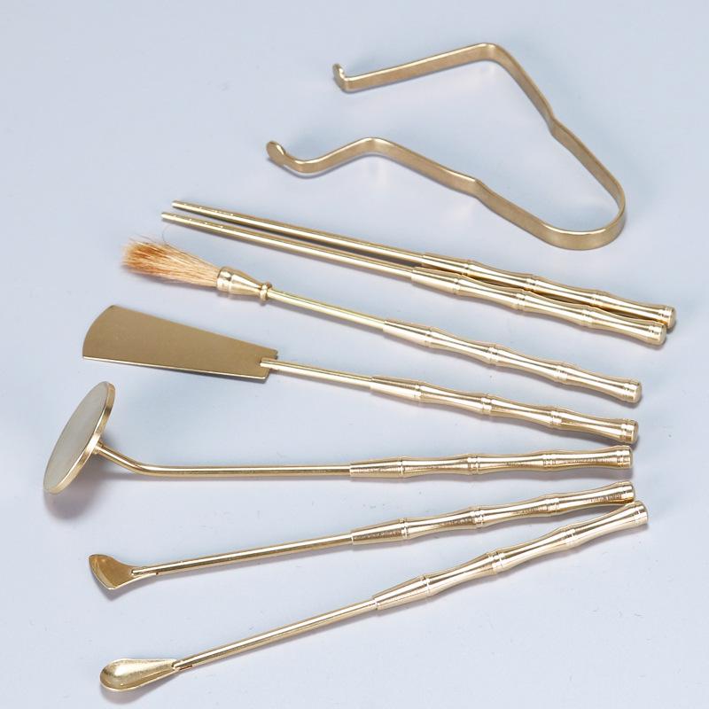 Brass Incense Ceremony Set: Natural Color Seal, Ash Press, Tamping Tool, Brush, Spade