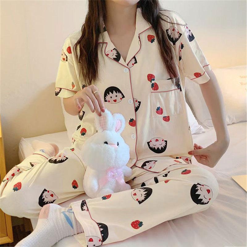 Pajamas Female Cute Strawberry Balls Short-Sleeved Trousers Lazy House Cardigan Loungewear Can Be Worn Outside