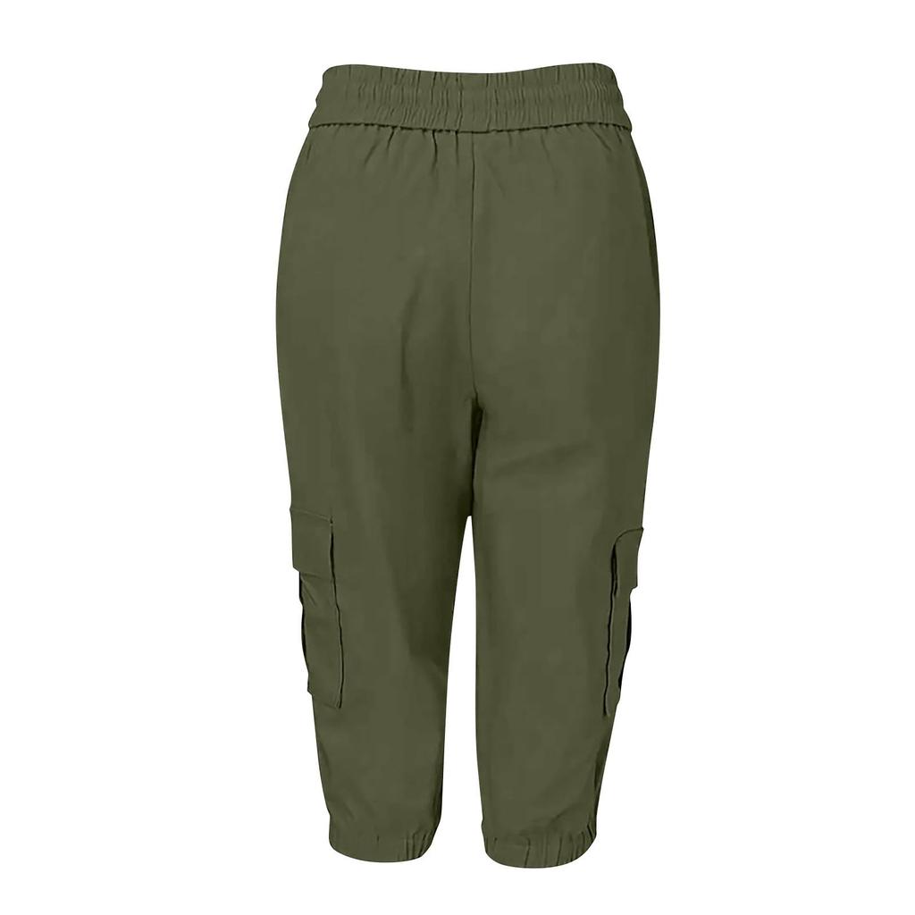Damen High Waist Cargo Jogginghose Caprihose Elastischer Bund Kordelzug Verstellbare Länge Leichte Freizeithose mit Taschen