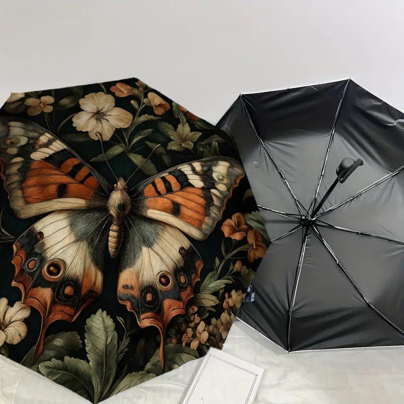 1pc Butterfly Flowers Automatic Folding Umbrella, Heavy Duty 8 Rib Iron Frame,  Suitable for Travel, Daily Use, Birthday, Decor Gift m0104090
