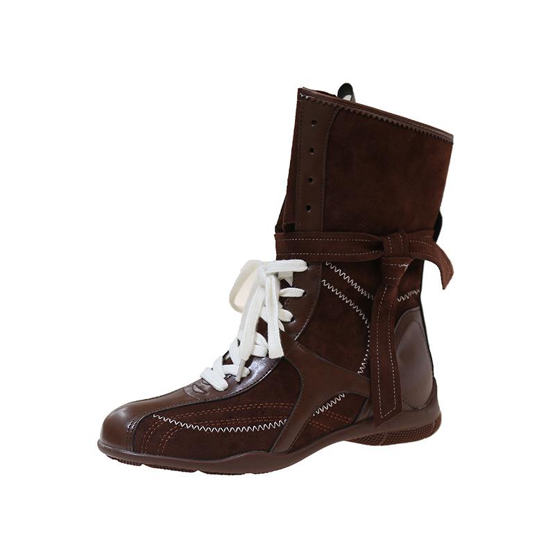 Erhöhende flache Stiefel Damen Western-Cowboystiefel Frühling und Herbst Retro Mattleder Schnürstiefel