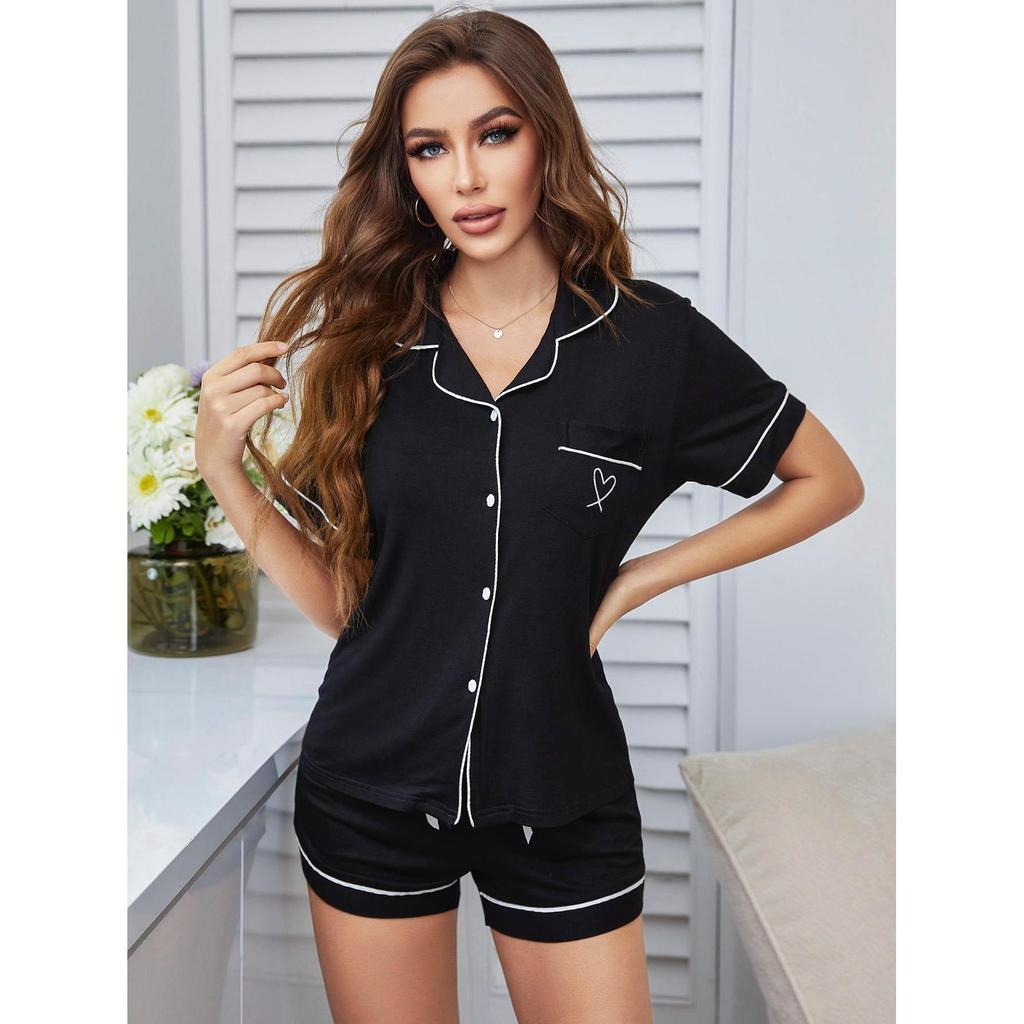 European and American Summer Pajama Set: Women's Cardigan, Short Sleeve Shirt, and Shorts