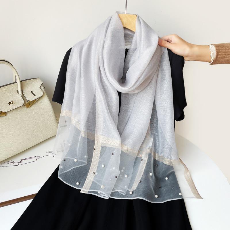 Spring new solid color pearl silk scarf women's imitation silk light large shawl long scarf scarf