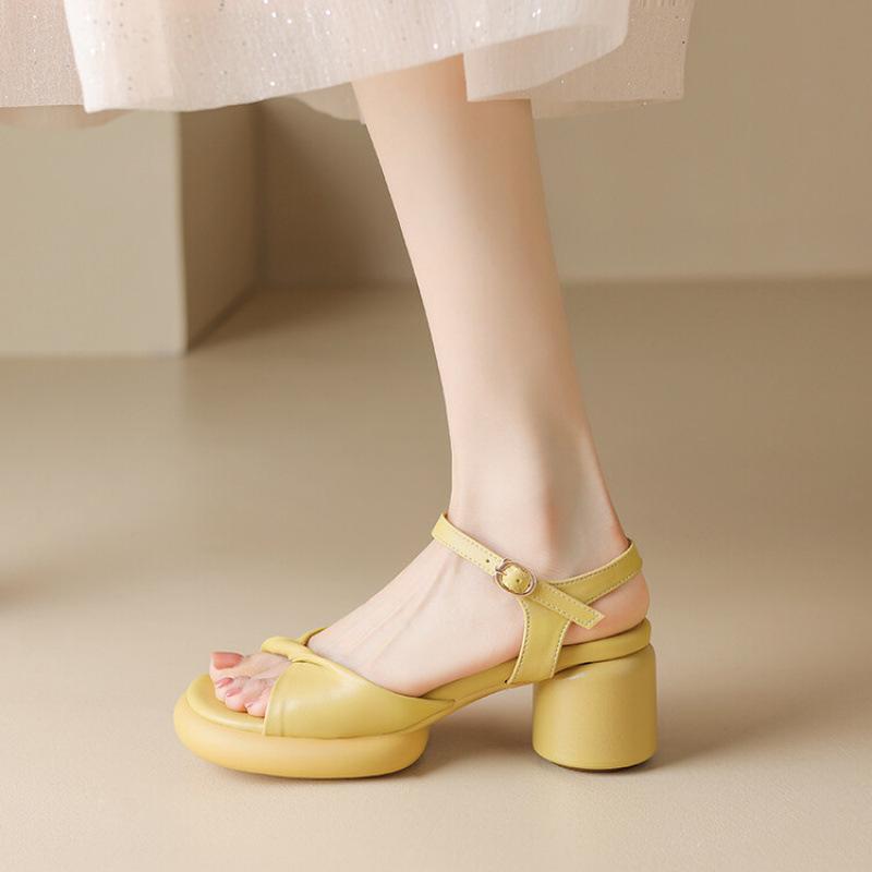 Summer women's casual sandals comfortable buckle solid color new mid-heel platform shoes square heel round head empty women's sandals