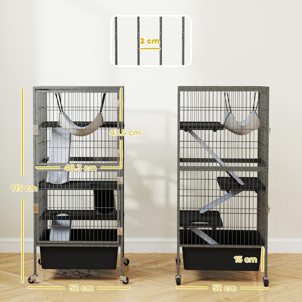 4-Tier Small Animal Cage with Ramps, Platforms, Hammock and Wheels, 52x52x115 cm, Grey