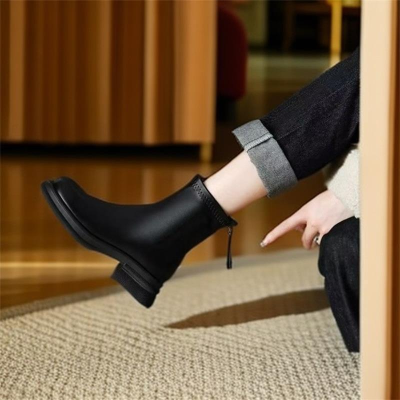 Soft leather heightened thick-soled Martin boots, thin two cotton short boots, thick heel elastic thin boots in autumn and winter