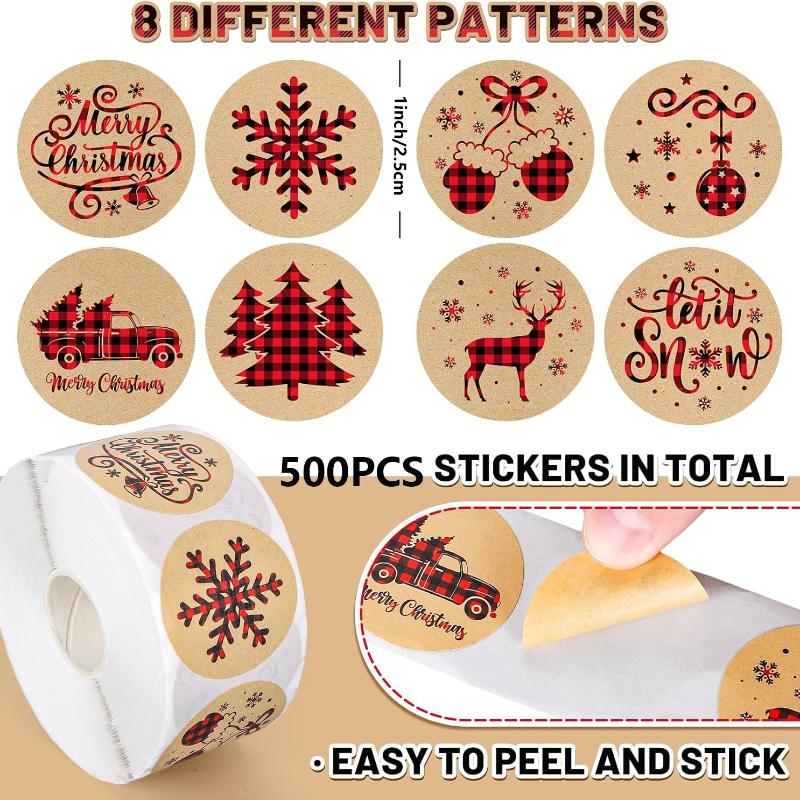 500/1000pcs, Christmas Kraft Paper Stickers for Gift Wrapping, Home, Room Decoration, Holiday, Party DIY Crafts Xmas Labels