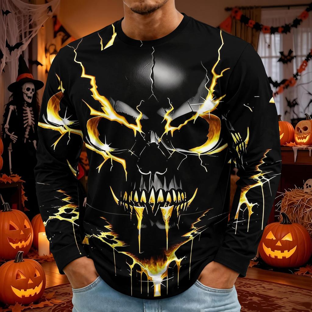 Men's Halloween Print Long Sleeve Round Neck T-Shirt Fashionable Top