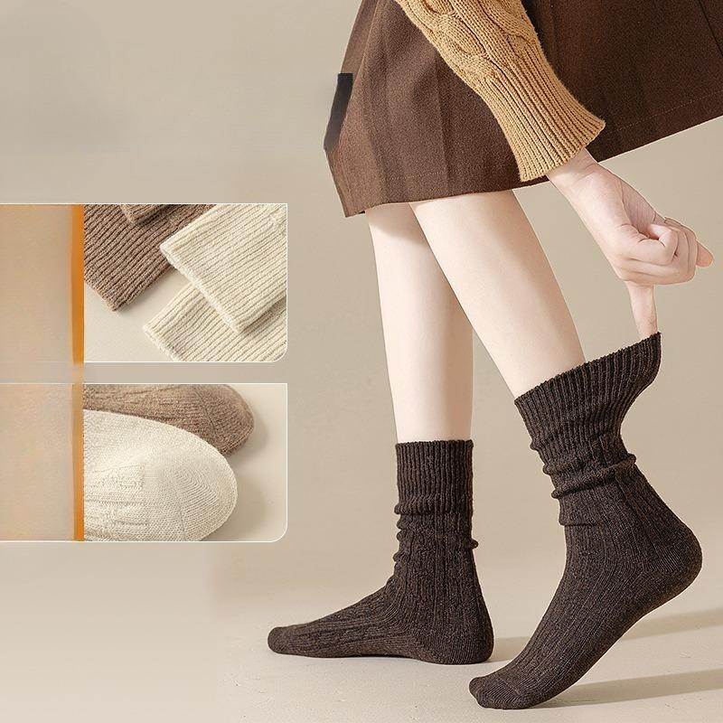 Autumn and Winter Wool Socks for Women, Long Tuft Socks, Solid Color Thickened Warm Postpartum Socks, Mid-calf Socks