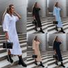 Womens Loose Fit Solid Color Shirt Dress With Side Slit V-Neck Long Sleeve Office Casual Elegant Style