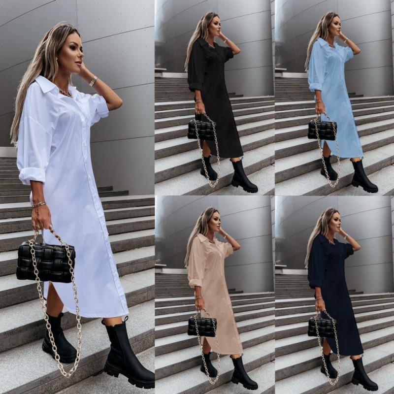 Womens Loose Fit Solid Color Shirt Dress With Side Slit V-Neck Long Sleeve Office Casual Elegant Style