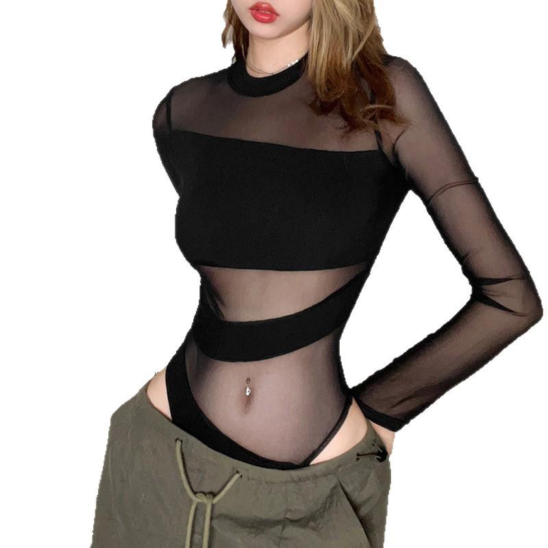 European American Stylish Black Mesh See-Through Long Sleeve T-shirt Women's Sexy Slim Fit Cut-out Bodysuit
