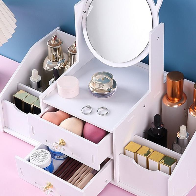 Assembly Makeup Mini Table Multifunctional Cosmetics Storage Rack With Rotating Mirror Skin Care Products Organizer Drawer Shelf
