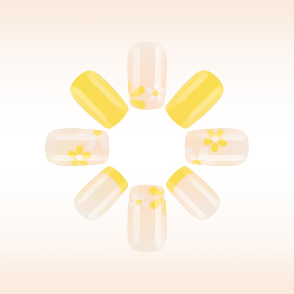 24 Pezzi Giallo French Tip Unghie Finte Corte Quadrate Unghie Finte Fiori Unghie Acriliche Lucide Copertura Totale Unghie Adesive