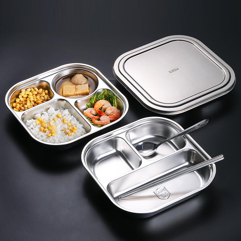 304 Food Grade Stainless Steel Meal Plate Divided with Lid Adult Three Compartment Lunch Box School Student Fast Food Plate