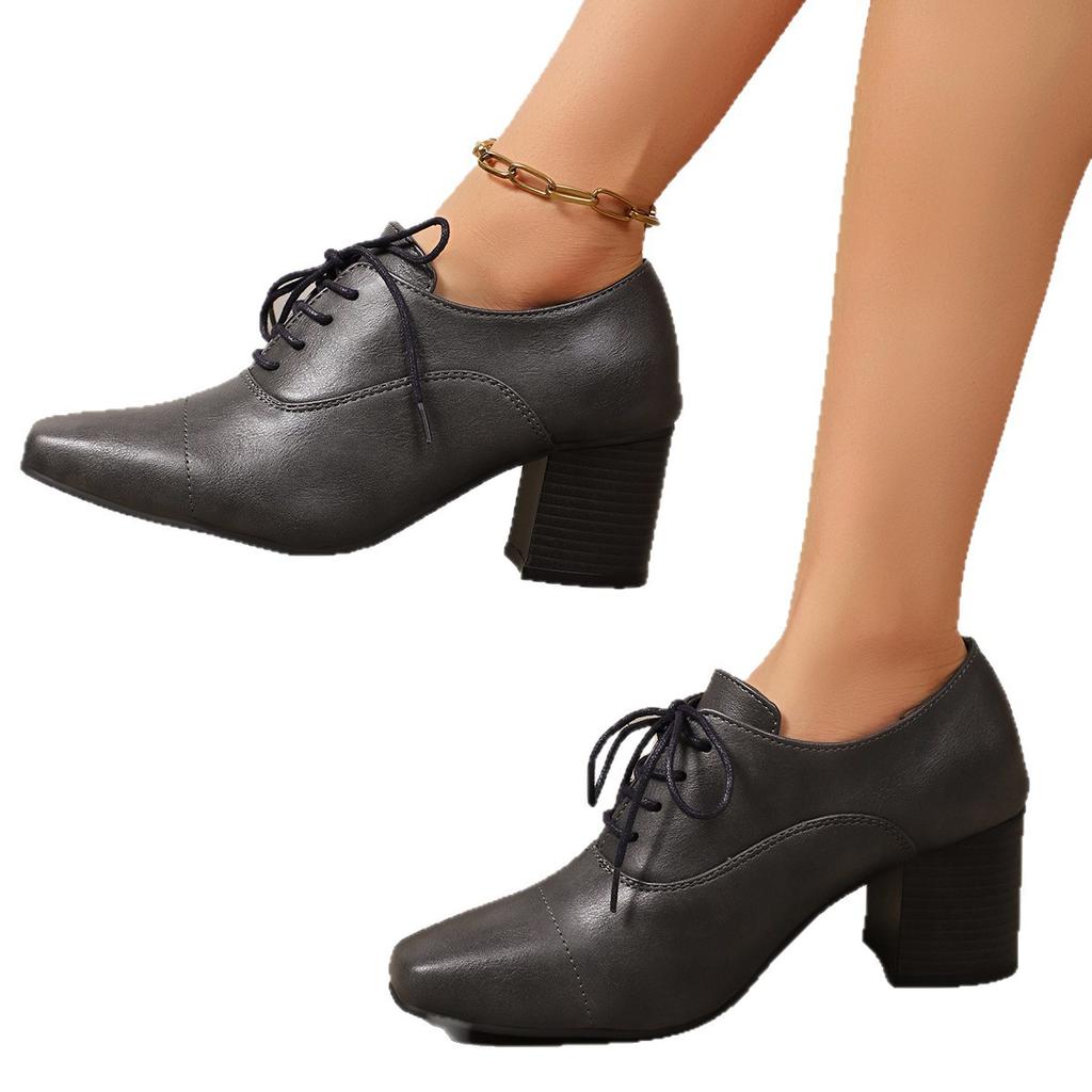 Plus Size Shoes for Women 36-43 Autumn Fashion Women Lace Up Square Toe High Heel Pumps Platform Non-slip Shoes