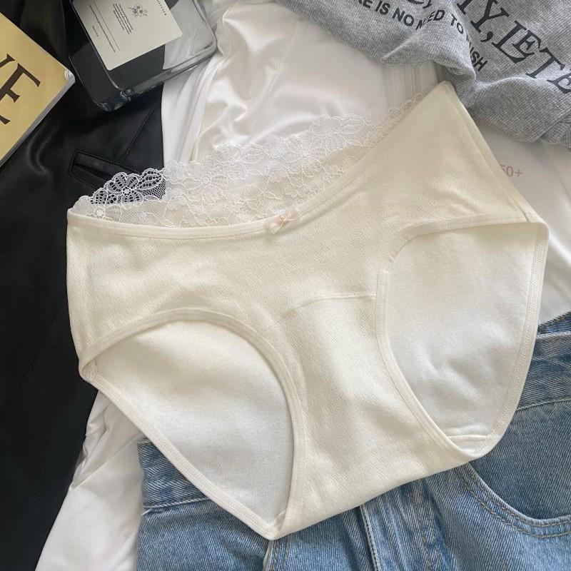 Japanese Women s Cotton Lace Trim Plus Size Antibacterial Breathable Mid-Waist Briefs L (40-55 kg)